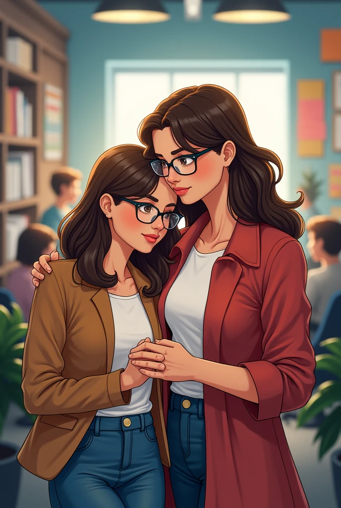 I need an ludic image that represents welcome, security, comfort.
there are two women, one of whom is the boss (director) and the other is the employee). 
director features (woan 40 years): long, straight brown hair, glasses 
employee characteristic (woman 29 years): wavy brown hair, glasses 
They are both wearing more casual clothes. 
scenario a chaotic work environment in an advertising agency,