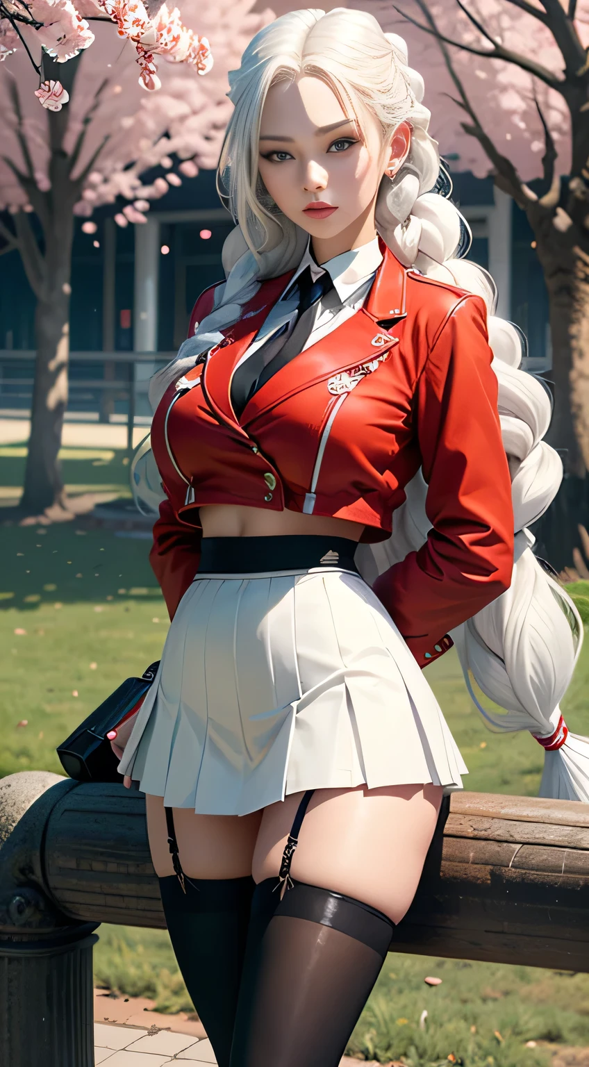 sfw, (Long white hair, Braided in two braids: 1.4), ((sharp jawline)) Red detailed eyes, eyes by Ilya Kuvshinov style, Sharp pupils, Realistic pupils, , ((Very muscular body with perky tits)), An evil expression on his face, (red jacket, white shirt with black tie, black pleated skirt with knee-length stockings, High-heeledshoes: 1.3), stands sideways hands in pockets, Sexy, Realistic, photoshooting, Professional, High contrast, Photo for the cover of the magazine, dutch angle, On the lawn in the park where cherry blossoms, wearing bra,((skinny waist)), young asian girl, ((big breasted)),