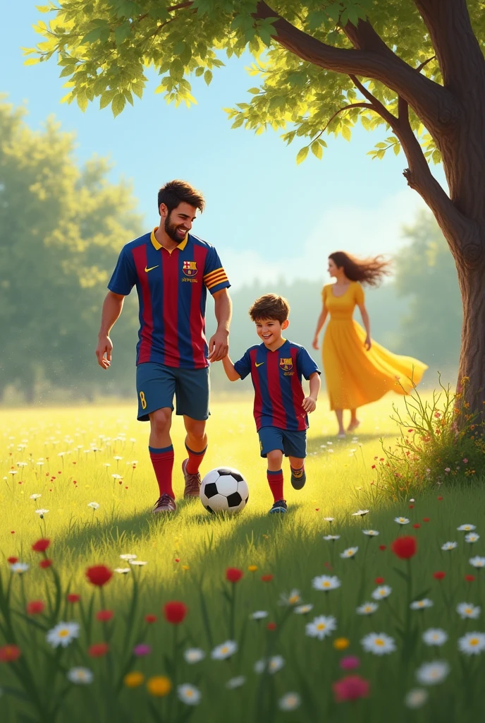 Dad and his son playing soccer with Barcelona shirt. wife watching from a distance in a yellow dress. in a meadow near an aromatic tree