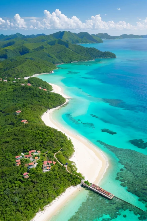 “A breathtaking island landscape seen from above, featuring crystal-clear turquoise water, lush green hills, and scattered villas on stilts surrounded by coral reefs and shallow waters.”