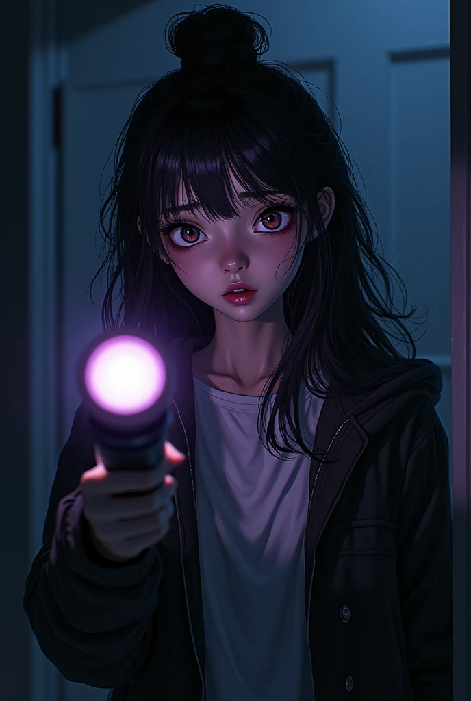 20 year old college girl with sexy scared and frightened expression she has long dark hair, with a few purple lighting points. Eyes in a dark brown shade, she usually has a loose bun, wear clothes in neutral colors (usually makes a play with black and gray and white details, It has a kind of dark academia style, with a flashlight in his hand exploring a mystery , imagem sem fundo, dc comics art style