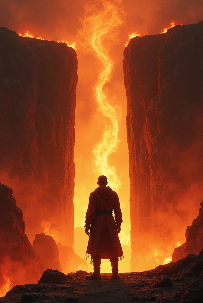 A man is going to jump inside hell. But he is looking back. The fire is burning in a very big pit. And there is fire everywhere. A gate has been installed in front of it. Just like the fire of hell.
