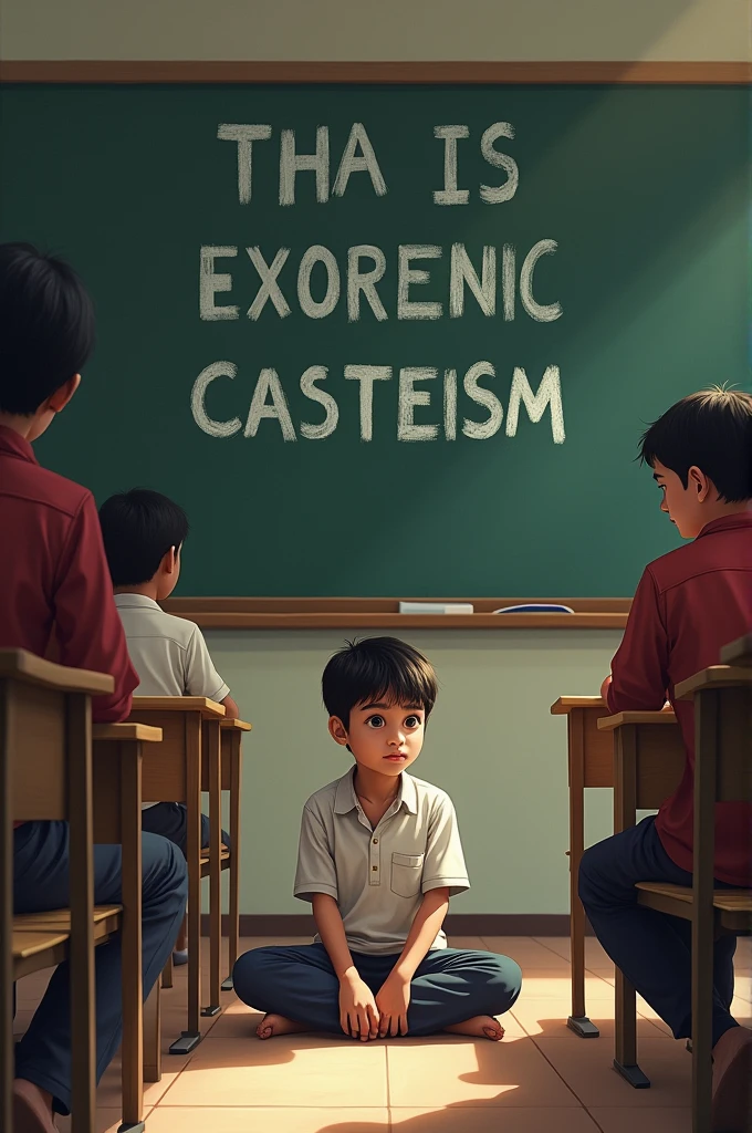 Create and image of a boy sitting in classroom on floor and other students on bench and show a board on backside with messege written on it as bold letters ALL EYES ON RESERVATION BUT NOT ON CASTISM LET'S PROTEST TO REMOVE CASTISM