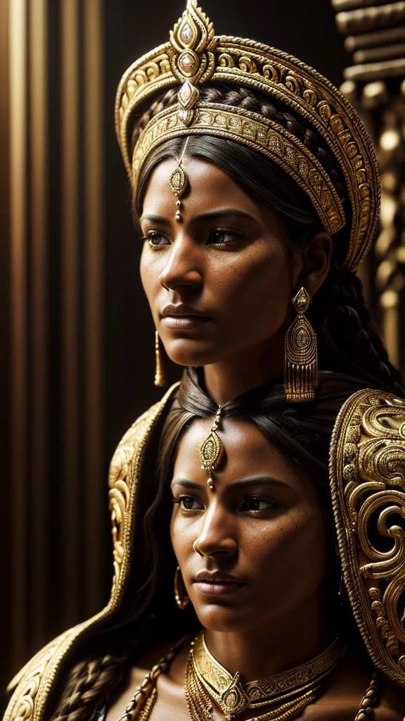 a detailed hyper realistic portrait of the Incan gods mama ocllo and manco capac, extremely detailed facial features, beautiful intricate clothing, gold jewelry, detailed ornate headdresses, highly realistic skin textures, natural lighting, photorealistic, 8k, ultra-detailed, (best quality,4k,8k,highres,masterpiece:1.2),ultra-detailed,(realistic,photorealistic,photo-realistic:1.37),dramatic lighting,moody atmosphere,epic scale,cinematic composition,ornate background,cultural symbolism