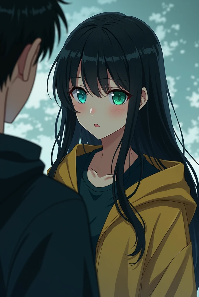 A woman, yellow Jacket, hands in pockets, looking at another person, long black hair, heterochromic eyes, heterochromic eyes, heterochromic pupils, 8k resolution, Very detailed, anatomically correct, Digital paint, Conceptual art, Makoto Shinkai Style, clear image,