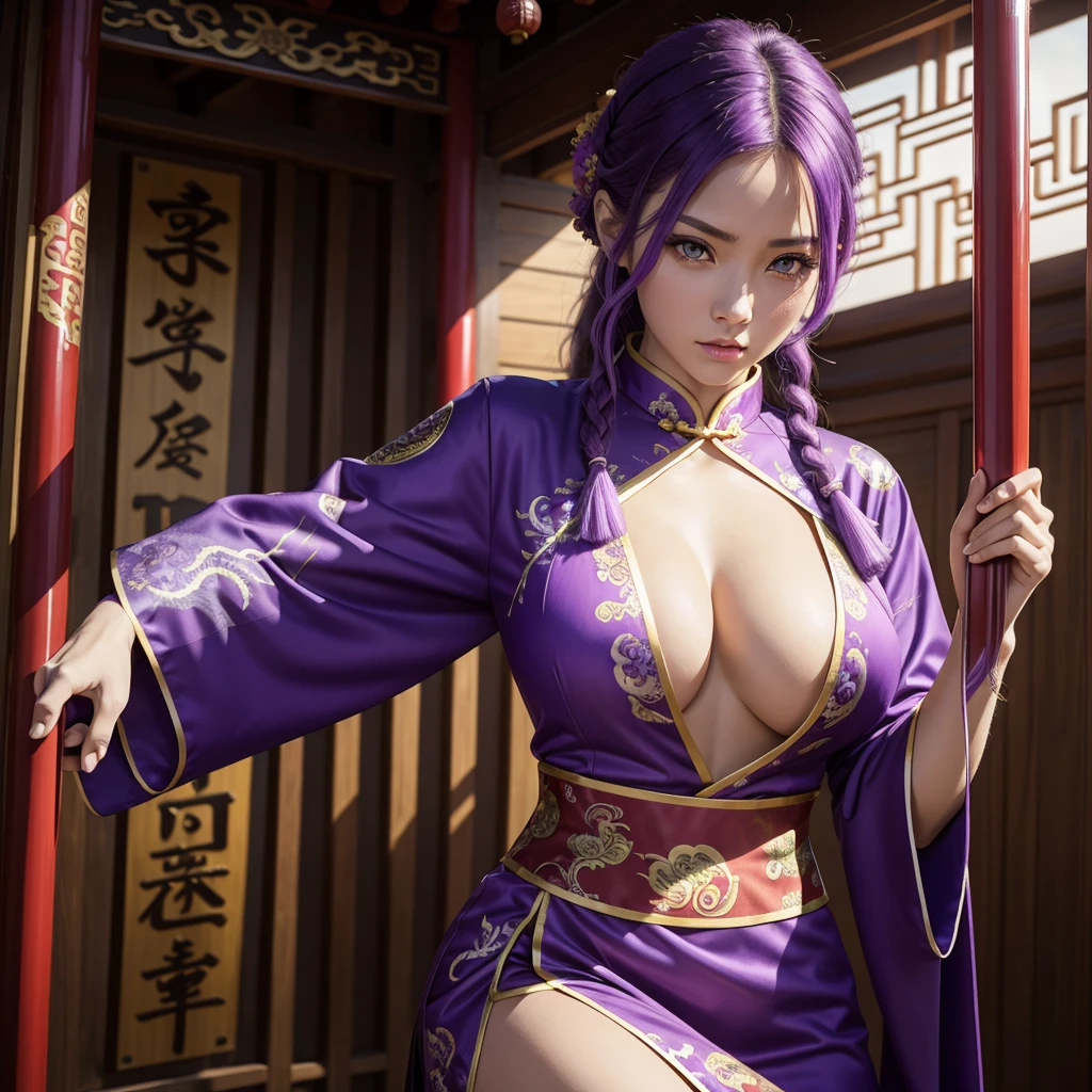 Beautiful Caucasian woman. Fit body. Big round breasts. Just one woman. Alone. Western woman. Long hair with 1 braid. Purple hair. Bright purple eyes. Woman cosplaying as a kung fu fighter. She is wearing a traditional Chinese cheongsan dress in purple with a dragon print on the front. She is in a Chinese temple. The woman has a serious expression. Dynamic light. Dynamic shadows. High resolution.