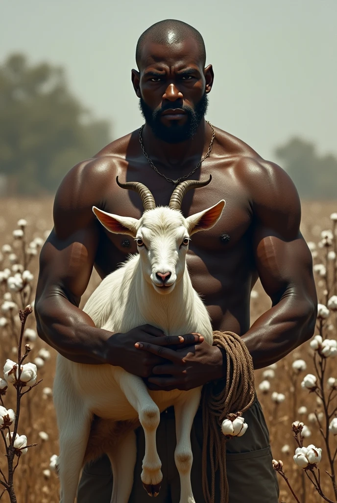 Goat bald by a black man with scars on his back and cotton in his hand with a whip
