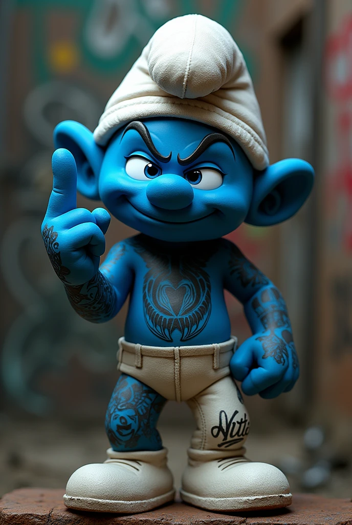 Smurf with tattoos Giving someone the finger, gangster