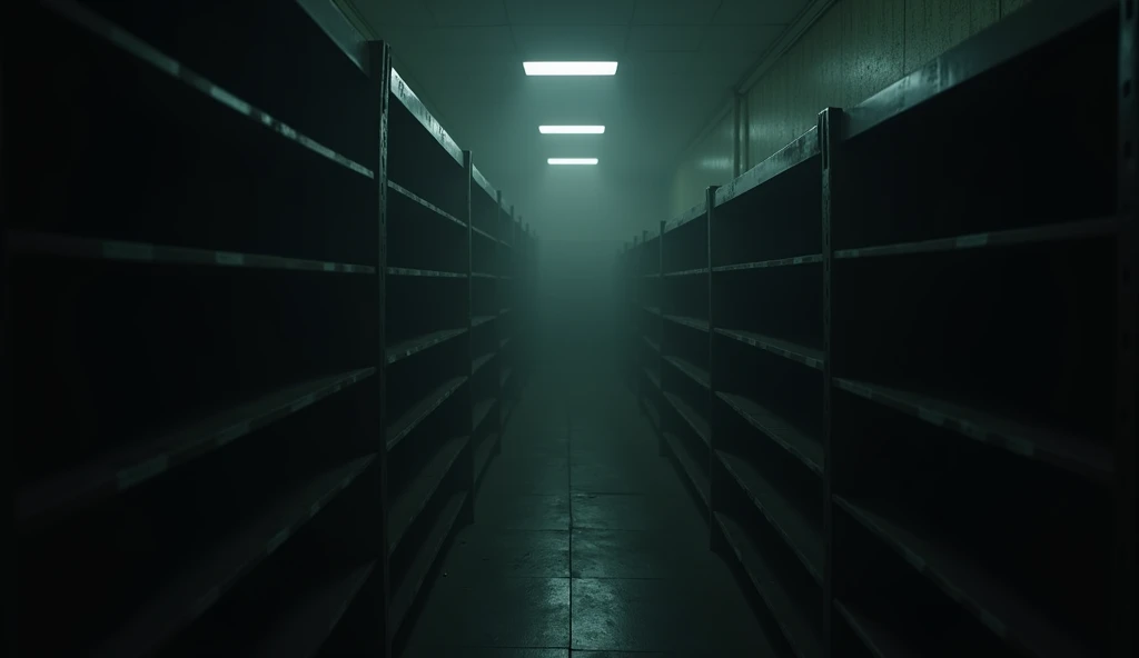 dark background with slightly blurred silhouettes of empty storage shelves on one side , representing the shortage, showing a shortage of silver. a dimly lit room with shelves and a light, unsettling creepy liminal space, spooky creepy liminal space, creepy backrooms, uncanny creepy liminal space, an empty backroom, an scp anomalous object, the scary empty liminal spaces, long dark hallway, anxiety inducing backrooms, found footage video with different point of view on sided
with no person

