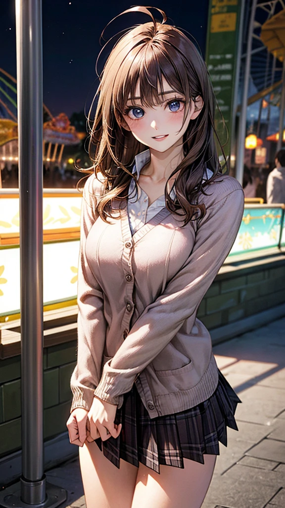 (masterpiece:1.2, highest quality), (realistic photo:1.4), beautiful illustrations, (natural side lighting, movie lighting),
beautiful hair, beautiful face, detailed and beautiful eyes, beautiful clavicle, beautiful body, beautiful breasts, beautiful thighs, beautiful feet, beautiful fingers,
looking at the viewer, 1 girl, megumi tokoro, high school girl, (perfect anatomy, anatomically correct, super detailed skin), cute symmetrical face, baby face, perfect face, perfect eyes,
(long hair, straight hair, light brown hair), bangs, ahoge, dark blue eyes, big eyes, (large breasts 1.4, seductive thighs), perfect body, greaming skin, slender,
(detailed cloth texture, break long sleeve khaki color knit cardigan, closed cardigan, break light pink collared shirt, break purple plaid pleated skirt, cleavage), break
(beautiful scenery), evening, (amusement park:1.2), standing, break (lovely smile, parted lips),