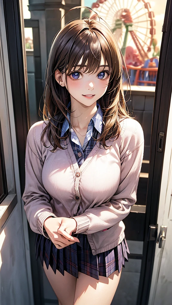 (masterpiece:1.2, top-quality), (realistic, photorealistic:1.4), beautiful illustration, (natural side lighting, movie lighting), NSFW,
looking at viewer, cowboy shot, front view:0.6, 1 girl, japanese, high school girl, perfect face, cute and symmetrical face, shiny skin,
(long hair:1.8, straight hair:1.7, blond hair), asymmetrical bangs, purple eyes, (large breasts:1.1, thick thighs),
beautiful hair, beautiful face, beautiful detailed eyes, beautiful clavicle, beautiful body, beautiful chest, beautiful thigh, beautiful legs, beautiful fingers,
((light blue collared shirts, navy pleated mini skirt, socks, navy tie, light brown cardigan)), pink panties,
(beautiful scenery), evening, school, classroom, curtains, (squatting, crouching, hands on chest), (lovely smile, upper eyes),