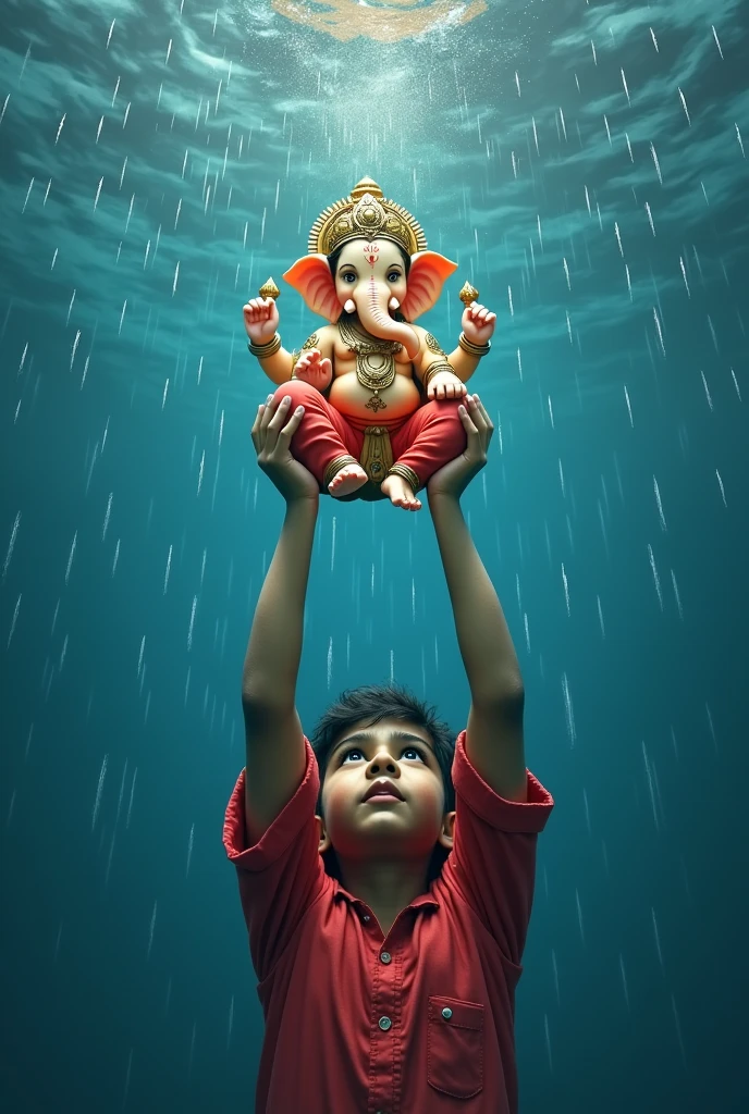 Boy lifting ganesh with hands under water with red clothes and some rain drops with text by jai ganesha