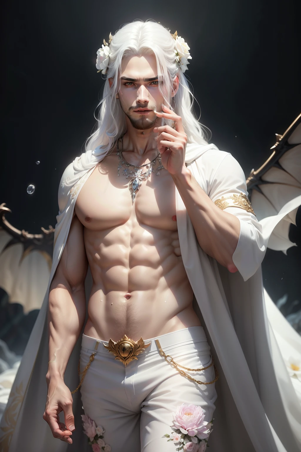 (8k,shipmentsrrealista　shipments　Maximum quality;1.4) (1 young boy) Super handsome king of the underworld　(lifelike face) 　(long wet white hair, bright white floral hair)　slenderbody　Muscular and hairy and macho　Bright white floral aristocratic costume with large golden eyes　bright white floral decoration　Fangs peeking out of the mouth　Pointed claws　a seductive gaze　Beautiful expression　A hyper-realistic　(King of the Underworld)　appealing　(real looking skin)　super high resolution　high détail　Luxury white floral pants　white pink white aura emanating from the body　effect　 white floral transparent cover