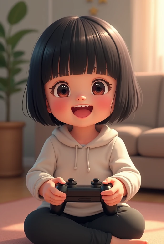 A with straight black hair and white cropped bangs wearing black pants is happy playing a video game