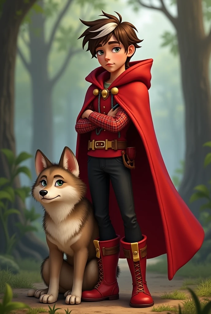 Imagem do filho da Cerise Hood e da Cedar Wood de Ever After High: A serious teenage boy, brown hair with a white streak, gray eyes with light brown, Light brown skin, big red cape, red outfit with red and white plaid details, black pants and red boots with wooden elements on the clothes and he has to be next to a pet wolf cub