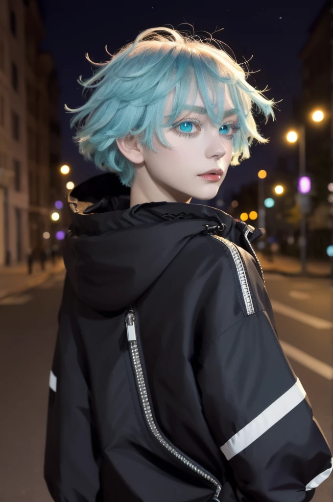 masterpiece, best quality, highres, 1girl, solo, short hair, white hair, floating hair, ahoge, hair between eyes, colored eyelashes, aqua eyes, high collar, black jacket, hooded jacket, zipper pull tab, long sleeves, sleeves past wrists, upper body, street, night, from behind, looking at viewer, closed mouth,