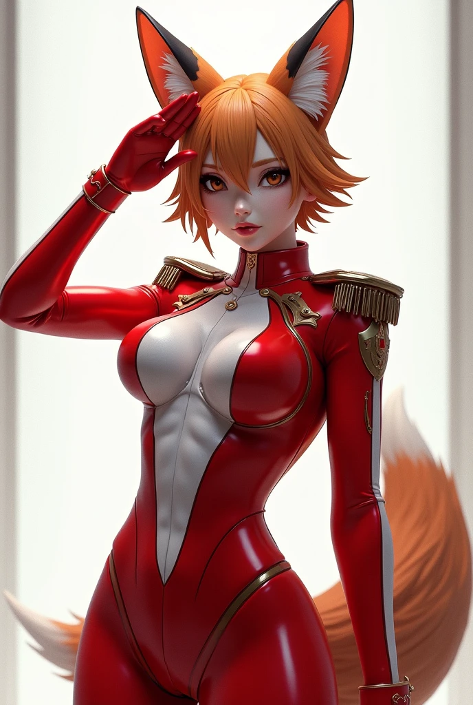 FoxGirl in red-white military latex  officer suit 
