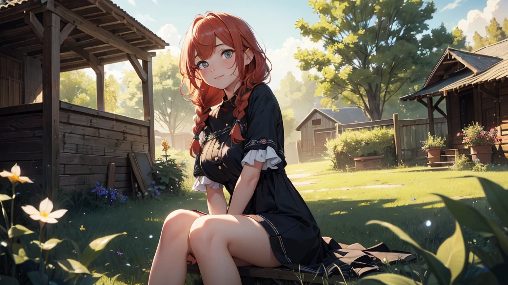 ((masterpiece,best quality,ultra detailed,ultra high res,detailed country yard background)), soft realistic focus, dynamic shadows, realistic image, vibrant colors,light leaks,dreamy atmosphere,chiaroscuro,BREAK
experimental charm, The girl is depicted in full growth, you see the girl from head to toe, nostalgic appeal, country girlfriend, she take you with yourself, simple open short dress, soft mischievous smile, freckles, shiny light red hair, she will take your hand, thick braids, slow chill electronic music