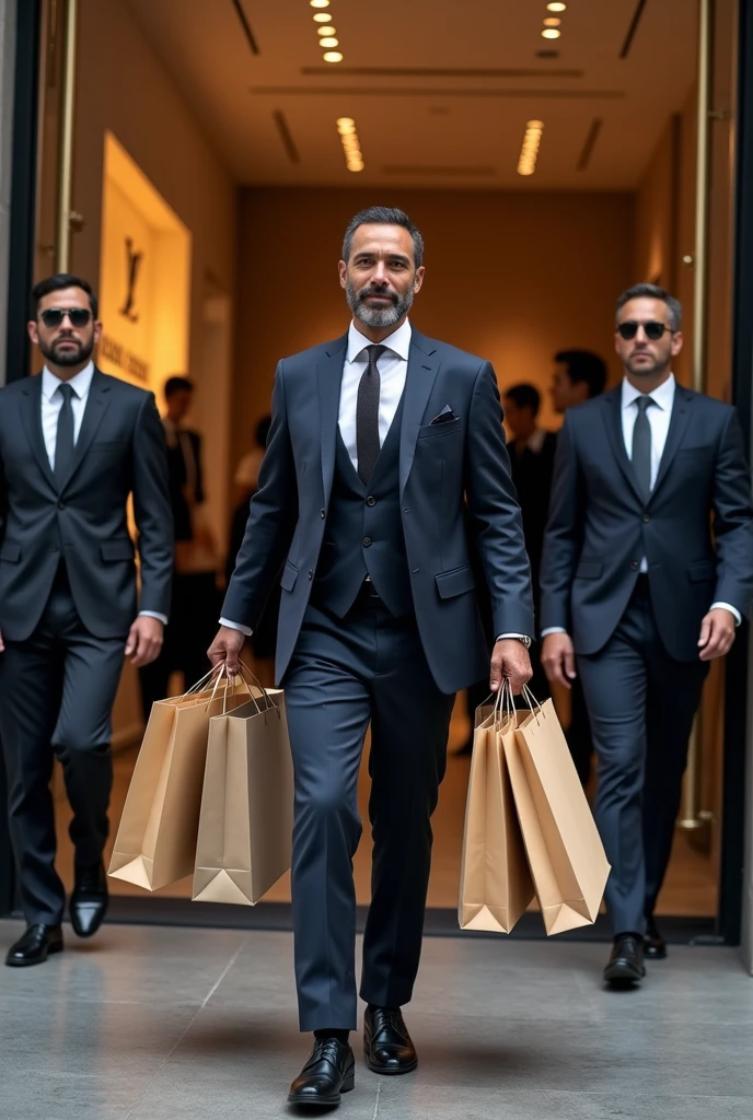 Generates an image of Nayib Bukele, president of El Salvador, leaving a Luis Vuitton shopping store with many bags he has bought, and behind him his personal security looking after him
