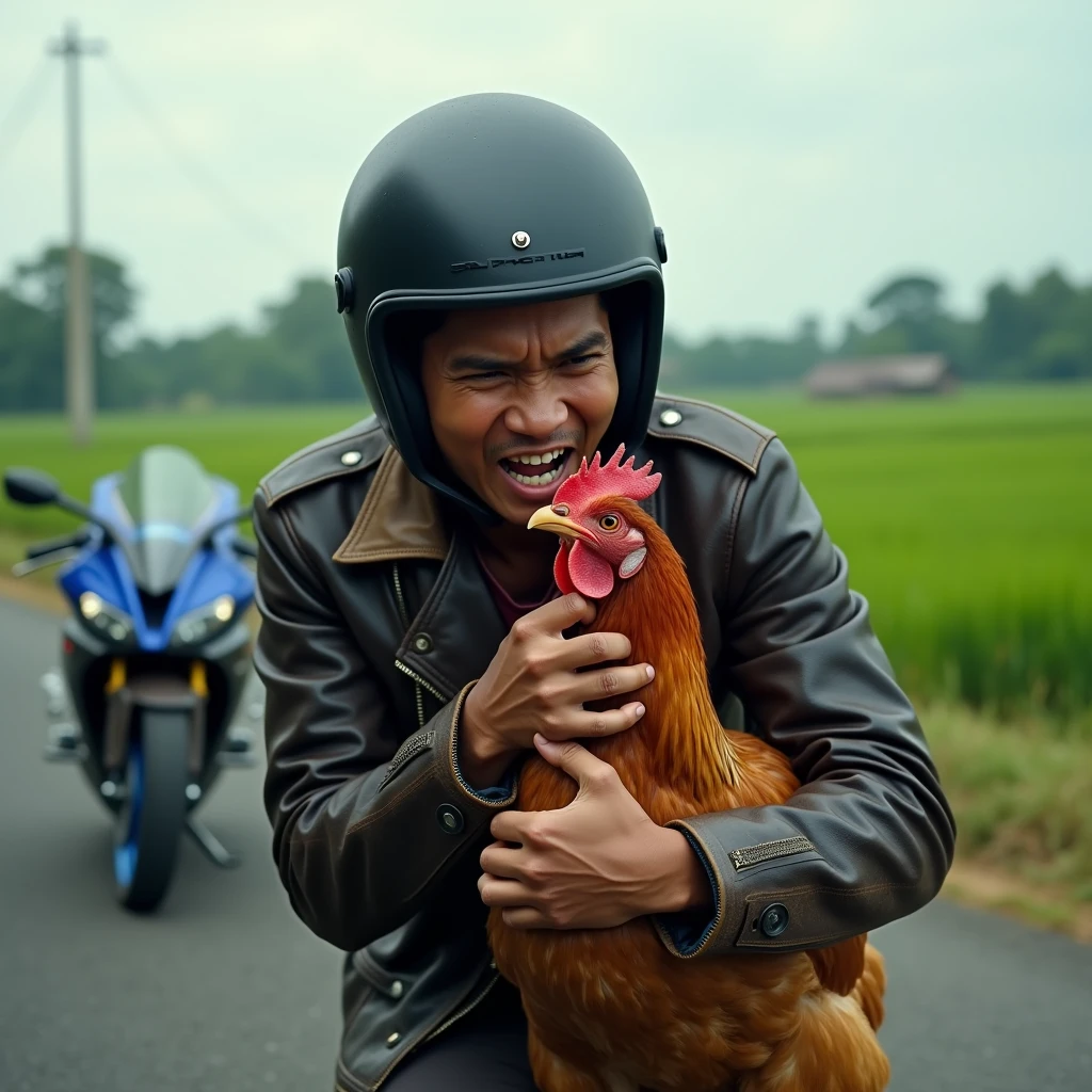 Real photo of young Indonesian man. wearing a leather jacket. wearing a helmet standing with a very angry expression strangling a chicken on the asphalt road at the edge of the rice field behind a sports motorbike parked on the side of the road. tampak sep Ultra-realistic 8K photograph, shot with a Leica Q2, strong color contrast and sharp clarity --ar 9:16 --quality 2 --