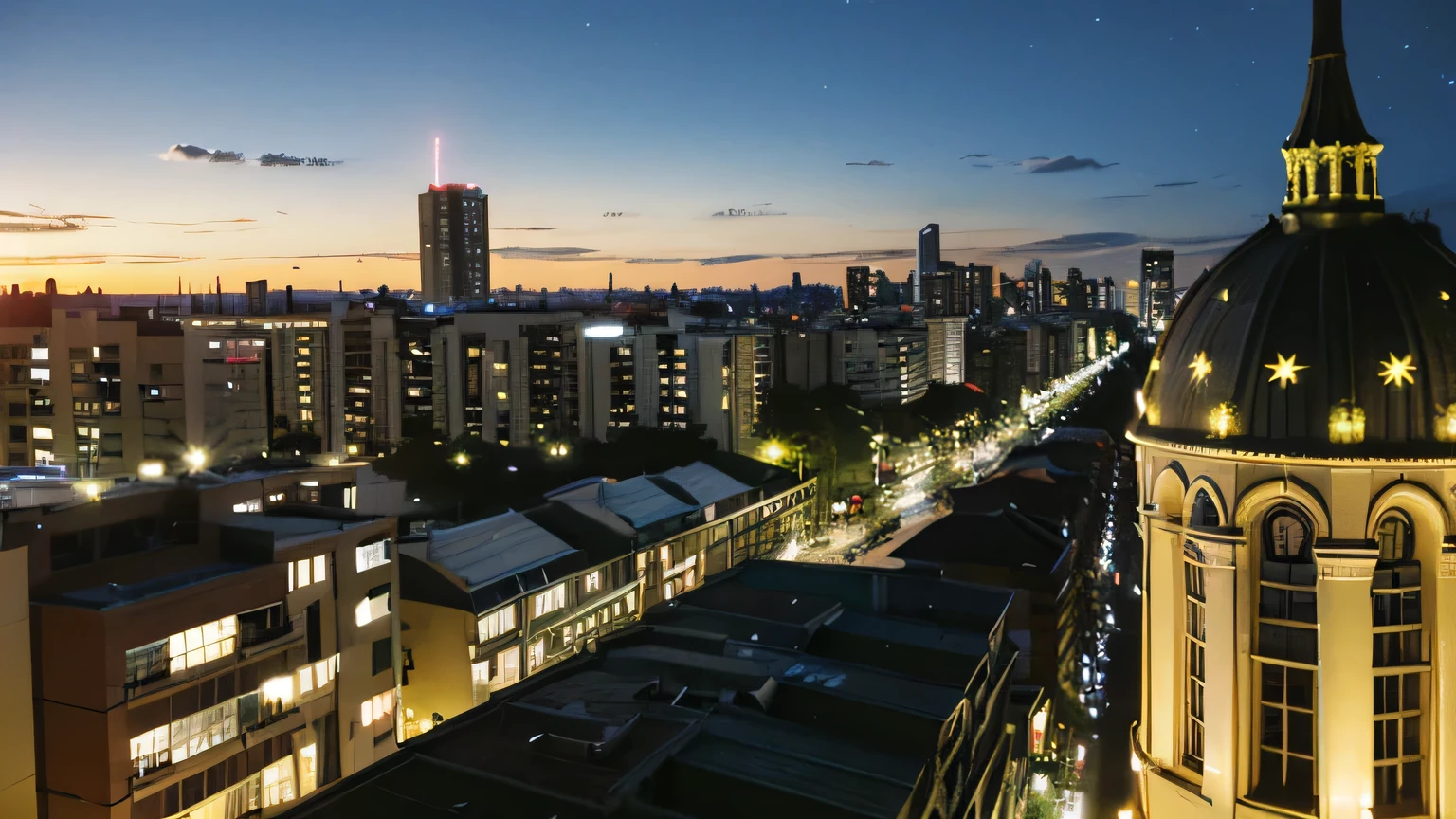 A city surrounded by high walls、Attack on Titan City、Starry night sky、Tall elongated clock tower building, center of Sao Paulo