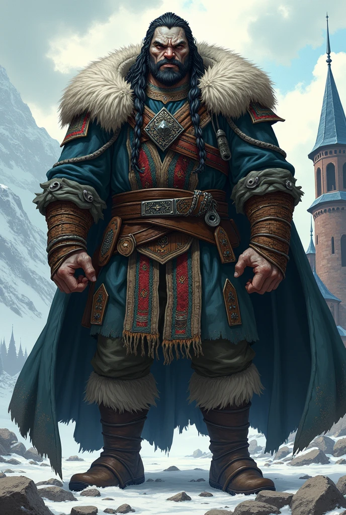 A medieval orc with grey skin, long black braided hair, a short goatee beard without a mustache, wearing traditional Russian clothing from the middle ages, anime artstyle