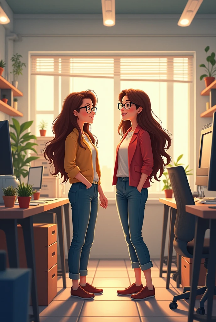 I need an ludic image that represents welcome, security, comfort.
there are two women, one of whom is the boss (director) and the other is the employee). 
director features (woan 40 years): long, straight brown hair, glasses 
employee characteristic (woman 29 years): wavy brown hair, glasses 
They are both wearing more casual clothes. 
scenario a chaotic work environment in an advertising agency,. 
format: horizontal. 

