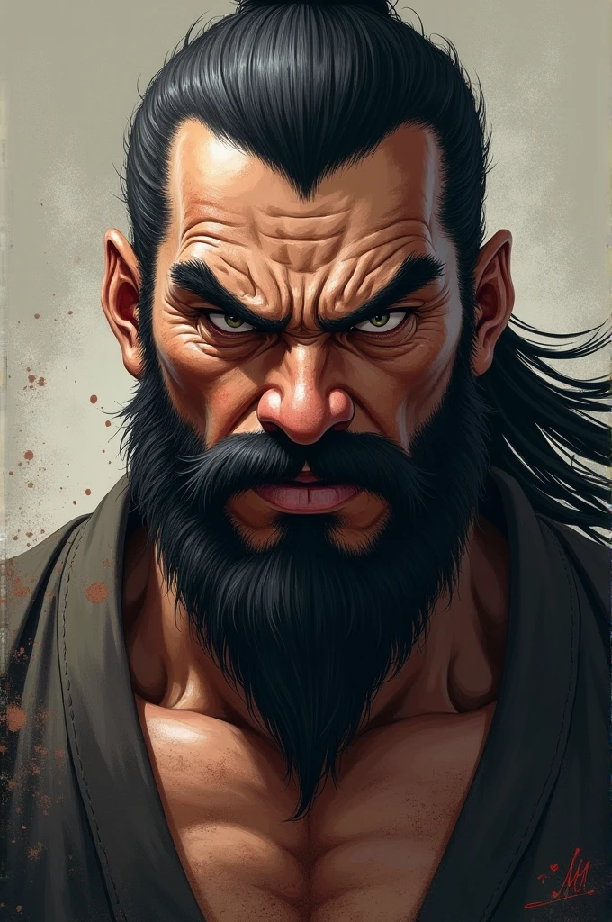 man, Japanese, muscular face with beard, an intimidating look with a convinced smile.