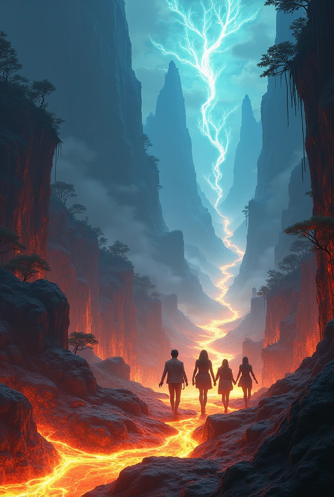 Scenario: A magical and dangerous landscape, with elements such as mountains, lava rivers, or dense forests.
Personagens: peter, liviaa, Thiago and Fernando in action, each taking a part of a bright and powerful element. The parts of the element can be objects that emanate light or energy.
Additional Elements: Obstacles and dangers around, like creatures of darkness or magical traps, that the characters are facing or avoiding. Intense, contrasting colors to highlight the danger and magic of the scene.