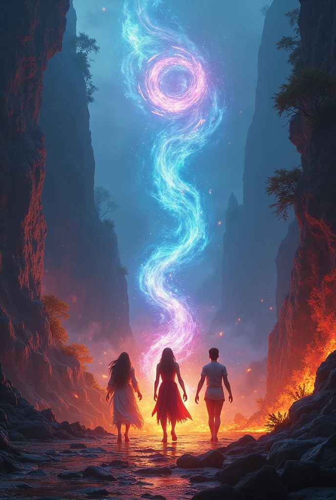 Scenario: A magical and dangerous landscape, with elements such as mountains, lava rivers, or dense forests.
Personagens: peter, liviaa, Thiago and Fernando in action, each taking a part of a bright and powerful element. The parts of the element can be objects that emanate light or energy.
Additional Elements: Obstacles and dangers around, like creatures of darkness or magical traps, that the characters are facing or avoiding. Intense, contrasting colors to highlight the danger and magic of the scene.