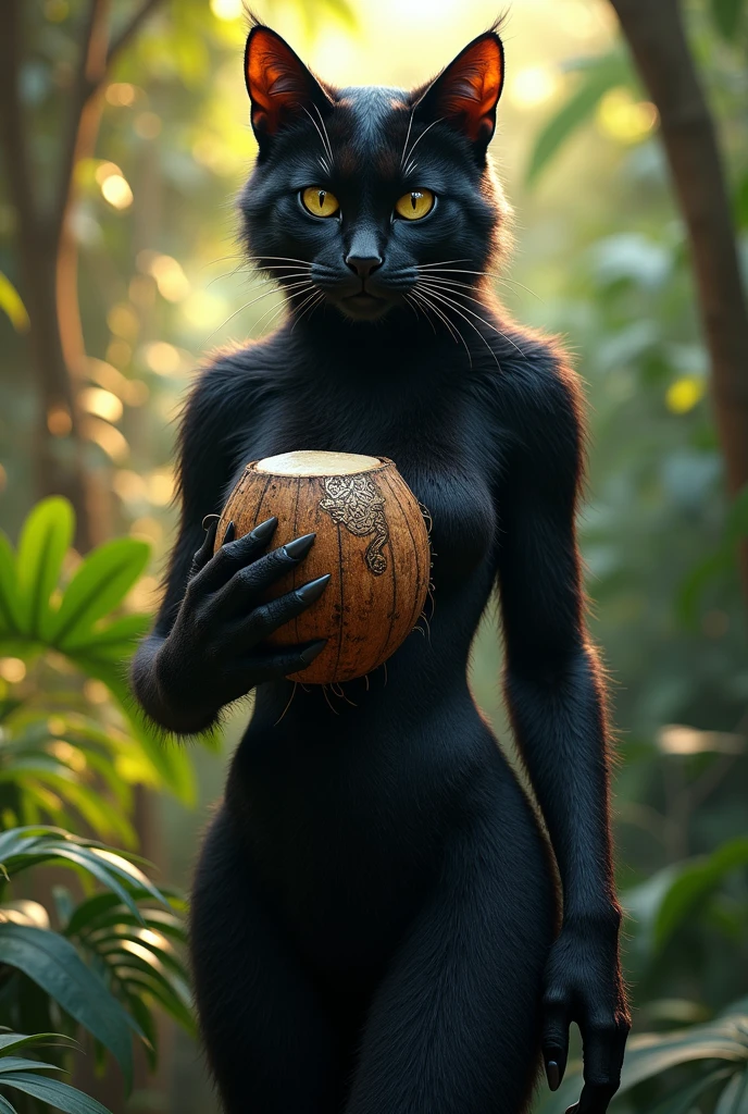 woman who is a giant black cat wearing a coconut ring