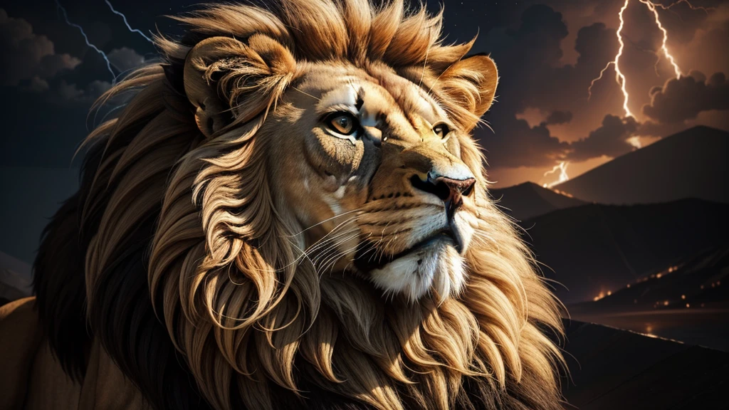 Lion, Divine Lion, majestic, comely, fire, villany,  thunder, Sky thunder, stele, photorrealistic 6K, UltraHD Detailed, detailed colors 8k, Lion Elegante, floor, stele, lightning strikes, heavens, céu Godlike, tempest, Towards the heavens, heavenly, Godlike, photorrealistic, Rendering, 4K, 8k, detailed textures, detailed shadows, padoru, detailed colors, God&#39;s Heaven, UltraHD 16K Details, Photorealistic textures 16K, detailed sharpness 16K, detailed sharpness, detailed colors, realistic shadows, Ultra realistic textures, High power, Natural Beauty, natural colors, realistic contrast, Photorealistic textures, detailed colors, lifelike colors, detailed shadows, fire, villany mightosa, flames, Fire Bolt, Fotorrealism Lion, Majestic Lion, photorrealistic UltraHD 4K, Texturasdetalhadas photorrealistics 8k, might, ferocious, bruta, Great Power, Realistic Sky, luminous face, villany, Detailed face 4k, ultra detaild, contraste realista de 8k, detailed sharpness, cores Ultra HD, chic,