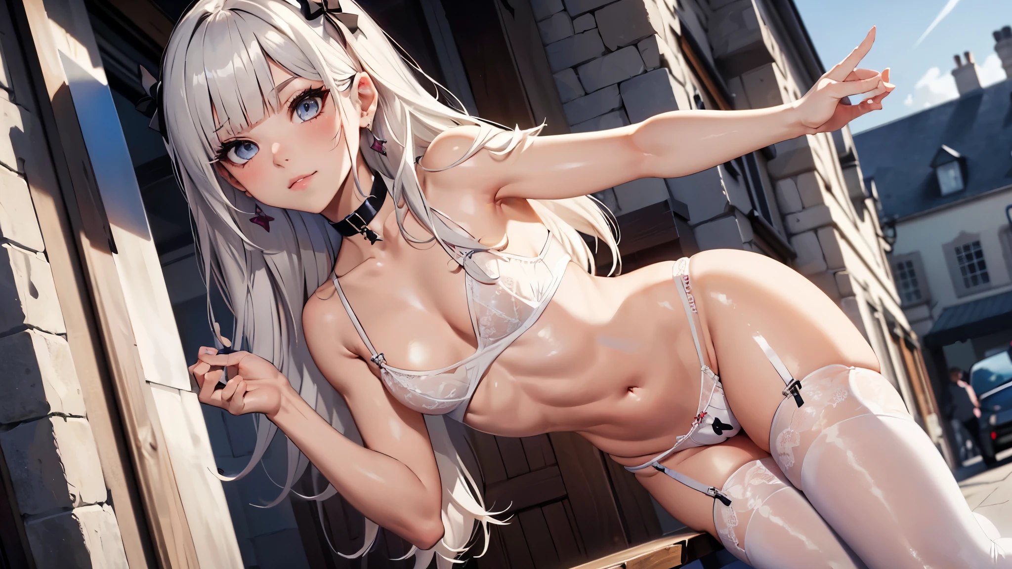 ((masterpiece,best quality,ultra detailed,ultra high res)), (boy crossdresser:1.3), (transvestite:1.3), boys in girls lingerie in a courtyard, young male in girls' underwear, (sissy boys:1.3), (bulge in panties:1.3), traps, cute bow, pubic hair, shy small smile, (FLATCHESTED:1.3)、male chest, flat chest, superflat chest, (one embarrassed boy in lingerie), white lace bra size 0, zero breast size, blunt bangs, Shiny hair, Delicate beautiful face, deep eyes, White skin, earrings, slender legs, Enjoys dressing up as a girl, choker, big bulge in panties, a boy dressed as a girl is trying to seduce you