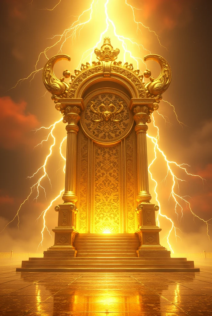 Huge golden throne of God with rays, thunder, sparks, lots of light, yellow sky with red, crystal clear gold floor