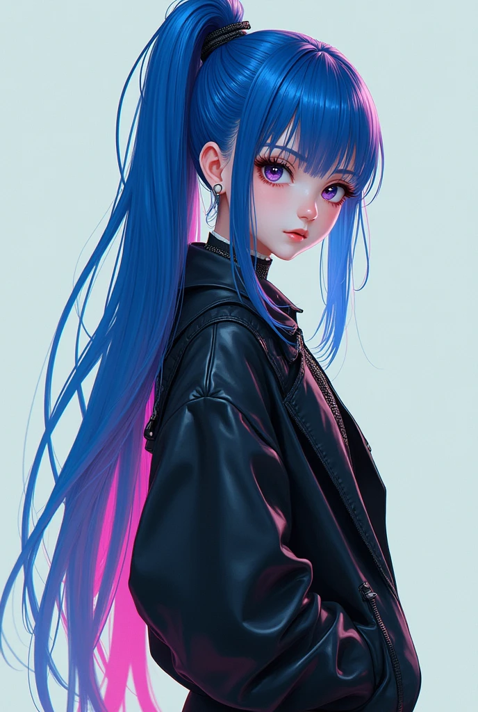 create a full body one the hair is long and tied up the color blue is pink highlights it is an emo outfit it is a pink sauto