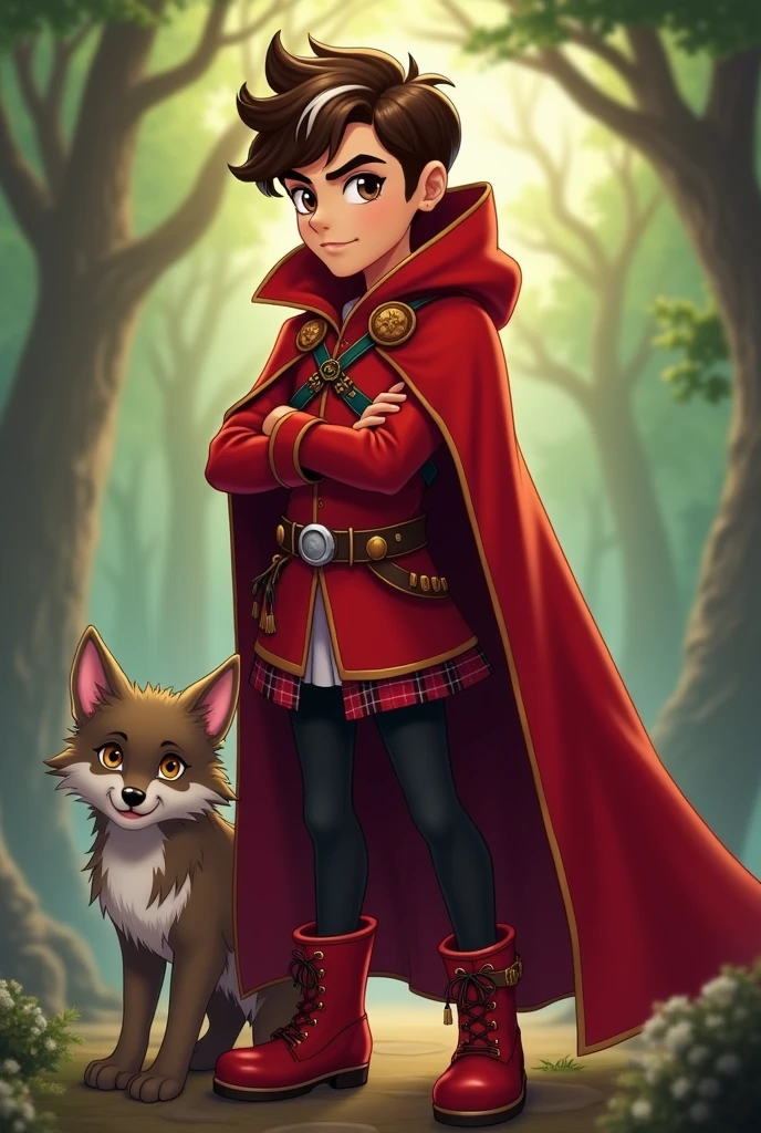 Imagem do filho da Cerise Hood e da Cedar Wood de Ever After High: A serious older teenage boy, brown hair with a white streak, gray eyes with light brown, Light brown skin, big red cape, red outfit with red and white plaid details, black pants and red boots with wooden elements on the clothes and he has to be next to a pet wolf cub
