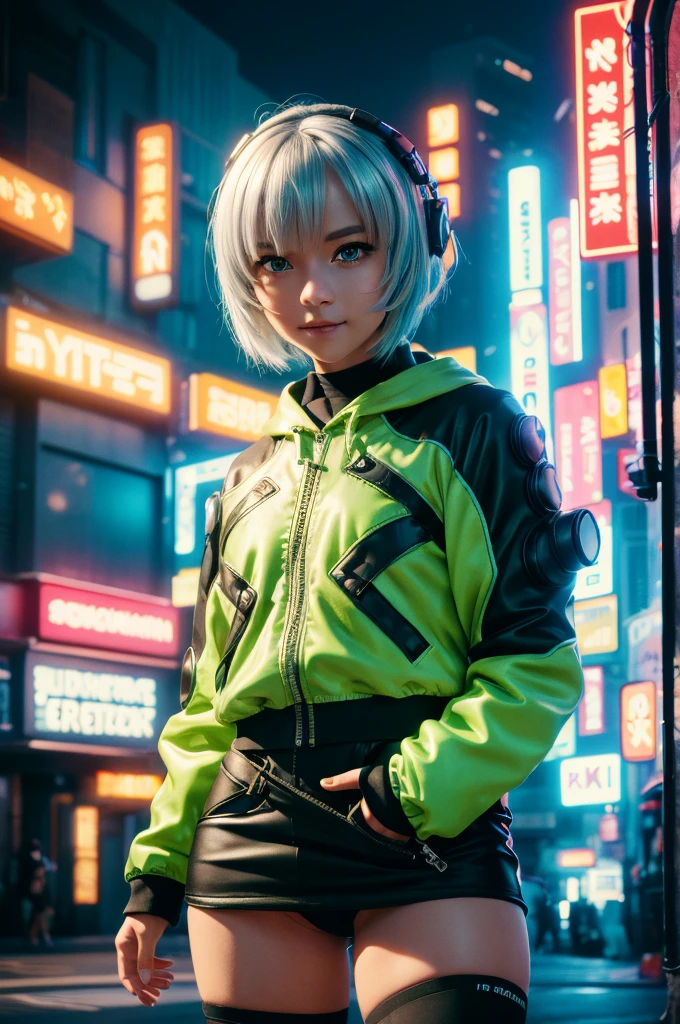 A young girl in realistic portrait of high quality and detail, movie style, Anby Demara (Zenless Zone Zero), She has short silver hair and light brown eyes. She wears a black skirt and a green suit, long black knee socks, green sneakers and black panties, pale skin, european girl, medium breast, futuristic style, cyberpunk style, happy look, glow, eye shadow, 1girl, Depth & Perspective, smiling face, fine face, She's standing in the cyberpunk street, outdoors, skyscrapers in a modern style in the background, daylight, clouds, blue sky, looking at viewer, (ultra-high detail:1.2), Masterpiece, Best Quality, Ultra-detailed, Cinematic lighting, 8K, delicate features, cinematic, 35 mm lens, f/1.9, highlight lighting, global lighting –uplight –v 4, cinematic, Cinematic lighting, 8K, high quality, Highest Quality, (Solo Focus), (extremly intricate:1.3), (Realistic), masterful, Analog style, (Film grain:1.5), (cold tone),