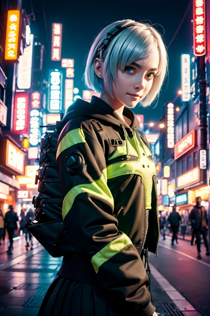 A young girl in realistic portrait of high quality and detail, movie style, Anby Demara (Zenless Zone Zero), She has short silver hair and light brown eyes. She wears a black skirt and a green suit, long black knee socks, green sneakers and black panties, pale skin, european girl, medium breast, futuristic style, cyberpunk style, happy look, glow, eye shadow, 1girl, Depth & Perspective, smiling face, fine face, She's standing in the cyberpunk street, outdoors, skyscrapers in a modern style in the background, daylight, clouds, blue sky, looking at viewer, (ultra-high detail:1.2), Masterpiece, Best Quality, Ultra-detailed, Cinematic lighting, 8K, delicate features, cinematic, 35 mm lens, f/1.9, highlight lighting, global lighting –uplight –v 4, cinematic, Cinematic lighting, 8K, high quality, Highest Quality, (Solo Focus), (extremly intricate:1.3), (Realistic), masterful, Analog style, (Film grain:1.5), (cold tone),