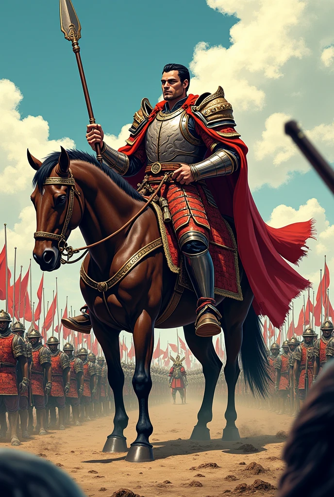 A general of a great army he is on a brown horse, on a battlefield , surrounded by all his soldiers, He has short black hair, he has a big body and is strong, He is wearing armor that mixes two styles, one of the armor styles of feudal Japan is the medieval European style., in the colors red and white, he is holding a long spear with a curve at the end, the image is in the style of Japanese manga, late 90s and early 2000s