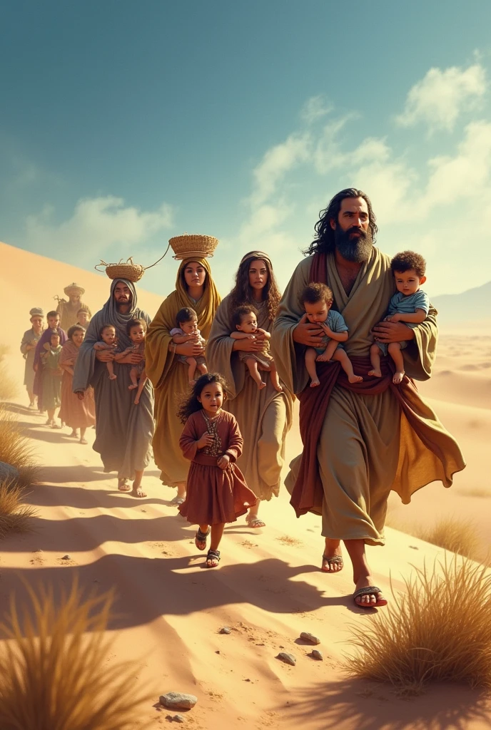 Biblical character Jacob fleeing with 4 wives and 12 children