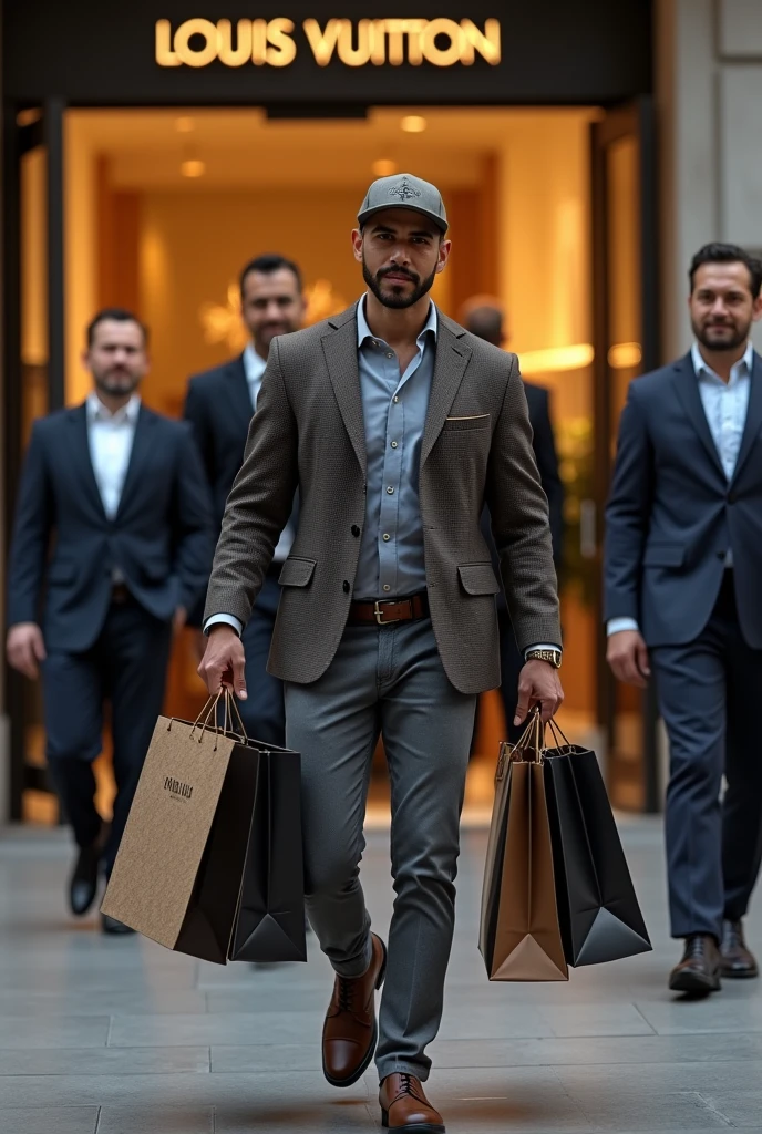 Generates an image of Nayib Bukele, president of El Salvador, wearing a cap leaving a Luis Vuitton shopping store with many bags he has bought, and behind him his personal security looking after him