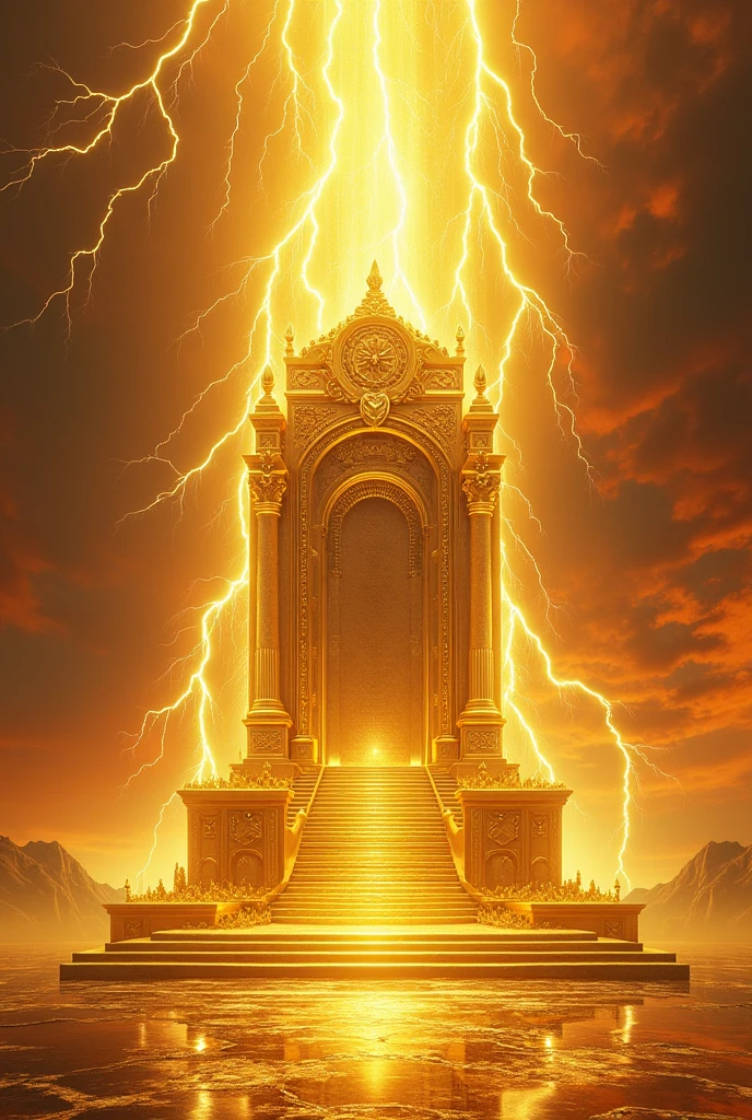 Huge golden throne of God with rays, thunder, sparks, lots of light, yellow sky with red, crystal clear gold floor 
