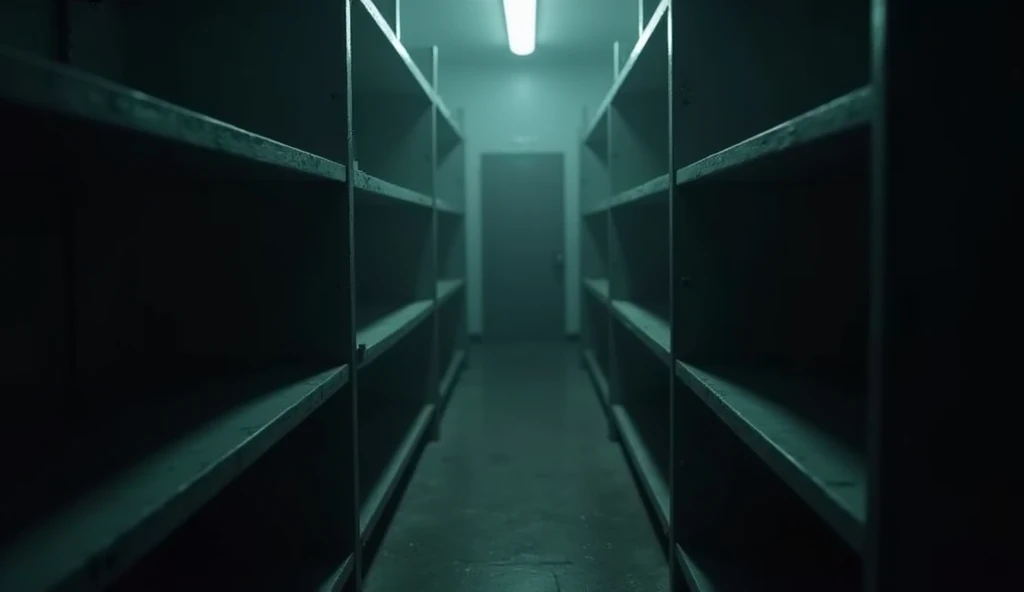 dark background with slightly blurred silhouettes of empty storage shelves on one side , representing the shortage, showing a shortage of silver. a dimly lit room with shelves and a light, unsettling creepy liminal space, spooky creepy liminal space, creepy backrooms, uncanny creepy liminal space, an empty backroom, an scp anomalous object, the scary empty liminal spaces, long dark hallway, anxiety inducing backrooms, found footage video with different perspective