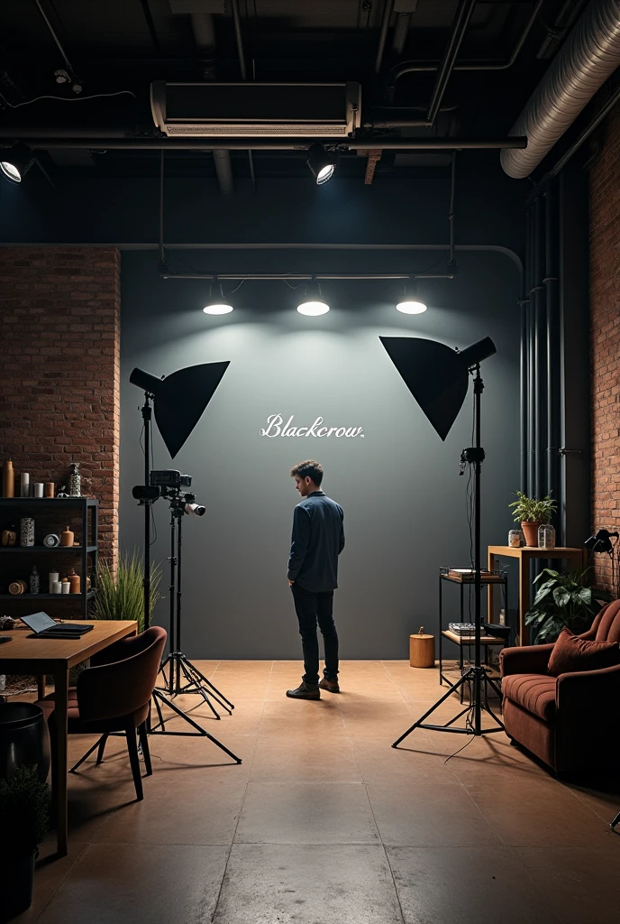 Photographic studio with 1 man in it doing his photoshoot , studios name is blackcrow in blackletter