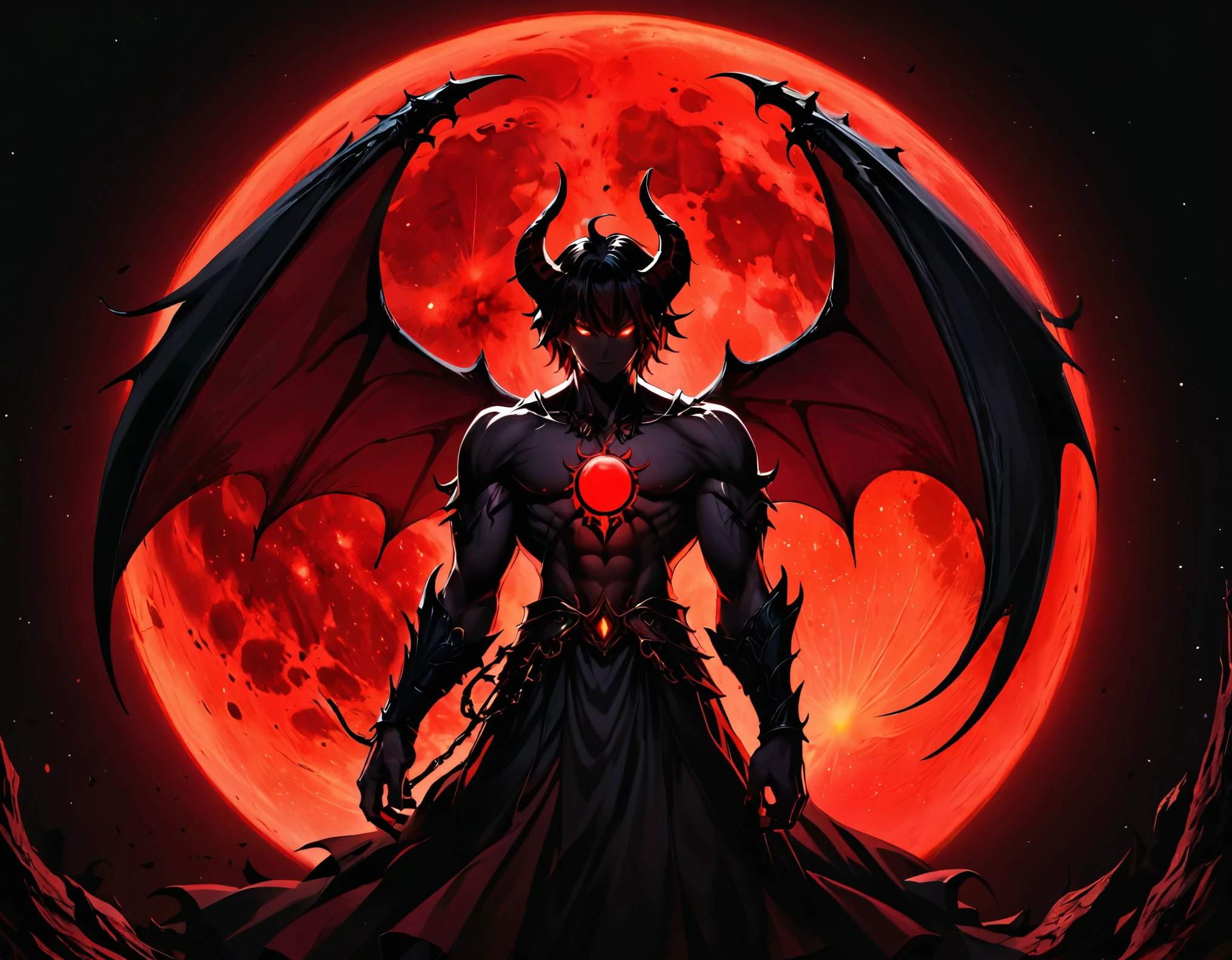 (masterpiece), best quality, highres, 4k, 8k, dark lighting, amazing quality, amazing shading, dark blood-red lighting, very dark blood-red moon in dark black night sky, one shadow of male dark black shadow demon in center of the gigantic moon, extremely detailed, Illustration, official artwork, anime style, wallpaper, official art, 35mm, analog style, a realistic photo, film grain, (photorealistic:0.6), taken by a canon eos r5, ultra detailed,