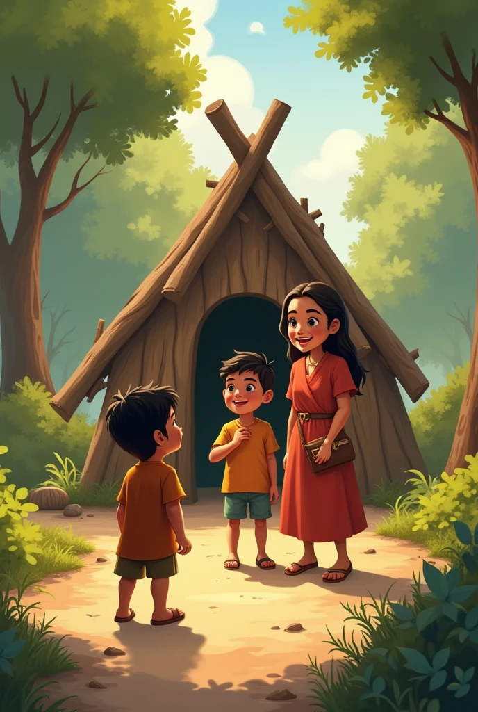 Hassan approaching Ali and Sara, who are building their stick house, with a hopeful expression. Sara looks up with a smile, welcoming him to join
