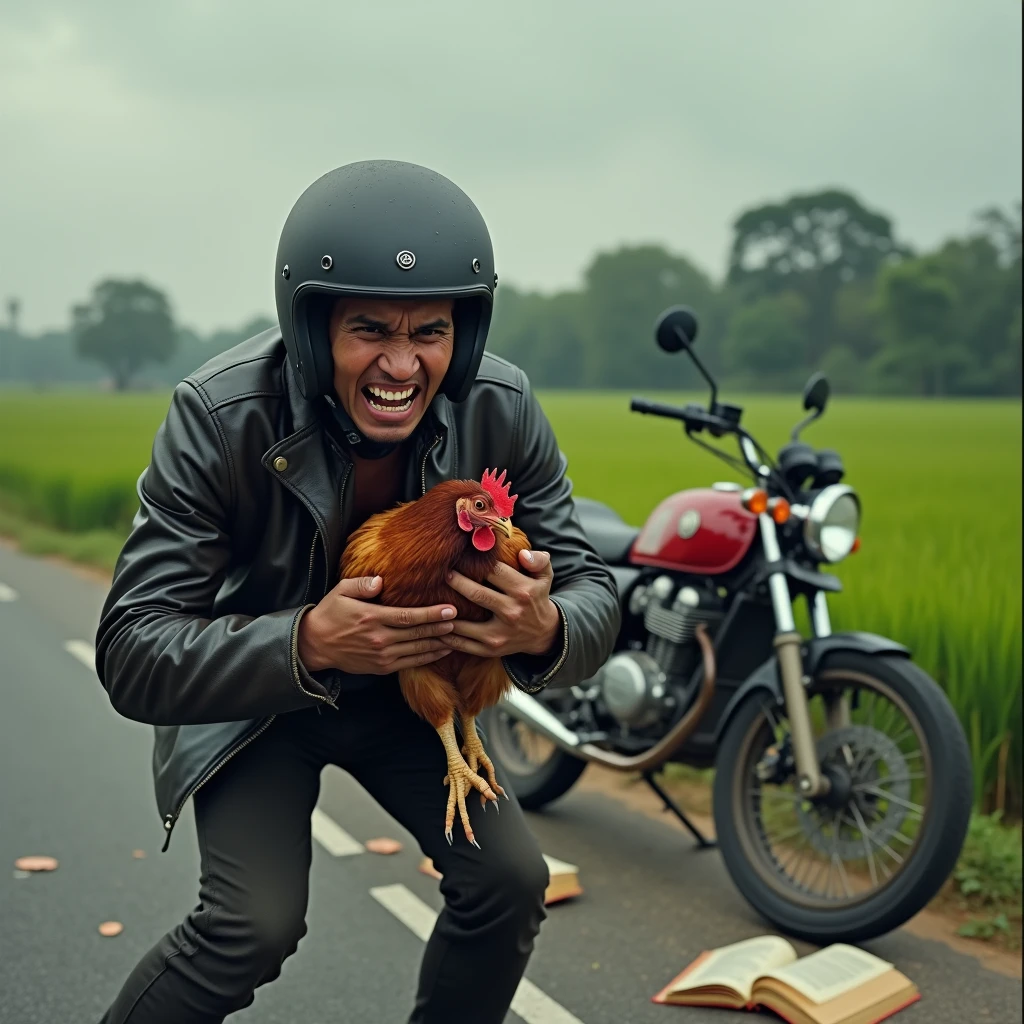 Real photo of young Indonesian man. wearing a leather jacket. wearing a helmet standing very angry expression strangling a chicken scared expression. many of his books flew away. on the asphalt road on the edge of the rice field behind a sports motorbike parked on the side of the road. tampak sep Ultra-realistic 8K photograph, shot with a Leica Q2, strong color contrast and sharp clarity --ar 9:16 --quality 2 --