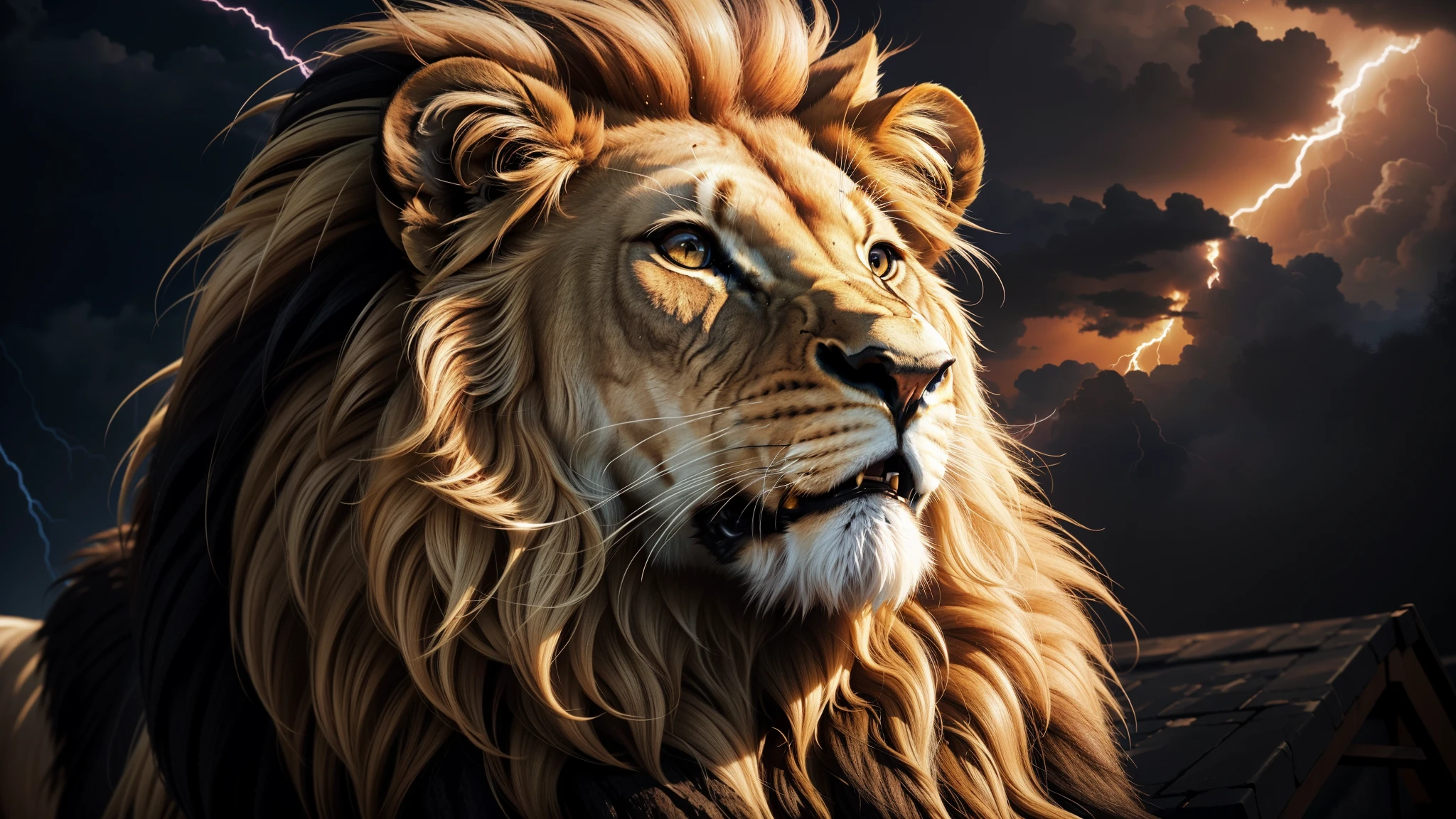 Lion, Divine Lion, majestic, comely, fire, villany, thunder, Sky thunder, stele, photorrealistic 6K, UltraHD Detailed, detailed colors 8k, Lion Elegante, floor, stele, lightning strikes, heavens, céu Godlike, tempest, Towards the heavens, heavenly, Godlike, photorrealistic, Rendering, 4K, 8k, detailed textures, detailed shadows, padoru, detailed colors, God's Heaven, UltraHD 16K Details, Photorealistic textures 16K, detailed sharpness 16K, detailed sharpness, detailed colors, realistic shadows, Ultra realistic textures, High power, Natural Beauty, natural colors, realistic contrast, Photorealistic textures, detailed colors, lifelike colors, detailed shadows, fire, villany mightosa, flames, Fire Bolt, Fotorrealism Lion, Majestic Lion, photorrealistic UltraHD 4K, Texturasdetalhadas photorrealistics 8k, might, ferocious, bruta, Great Power, Realistic Sky, luminous face, villany, Detailed face 4k, ultra detaild, contraste realista de 8k, detailed sharpness, cores Ultra HD, chic,