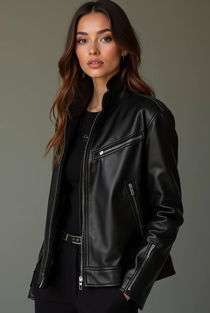 Create products for a clothing brand created by a rapper called Black Crow the name of the brand is BC and he uses dark tones like red,blackw,silver gray and bronze and it is modern and invests a lot in leather too,this time for women and will be modeled by his 1 wife Sofia Mendes with white skin and wavy brown hair