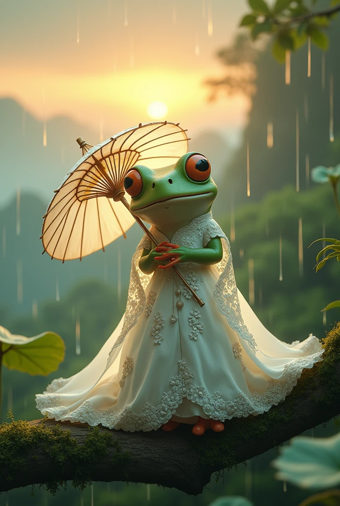 Tree frog,She is wearing a gorgeous white Chinese dress with a floral pattern.,Sleeping on a tree,Ultra-realistic,high resolution,Standing with a lotus leaf umbrella,It is raining in the background,The background is the hilltop at sunset,
